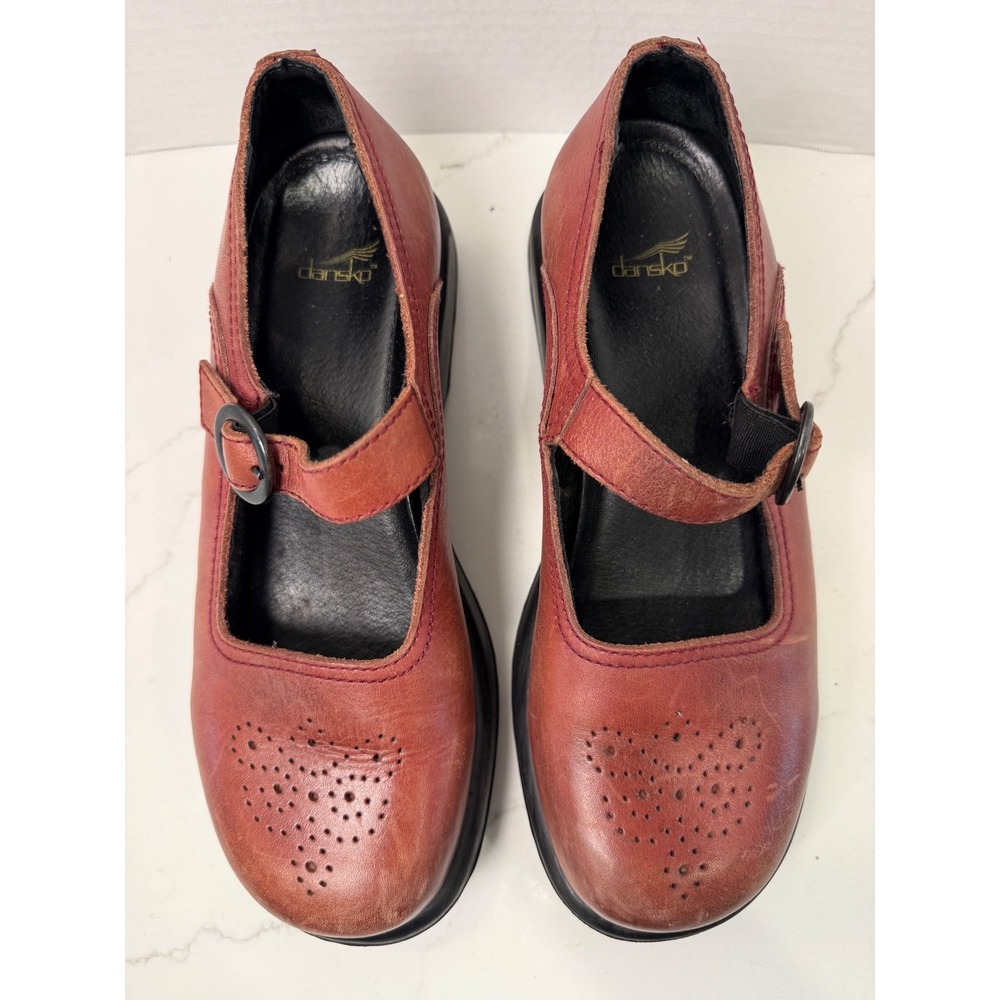 Dansko Red Brown Leather Perforated Mary Jane Clogs Shoes Portugal Size 40 - Picture 5 of 6